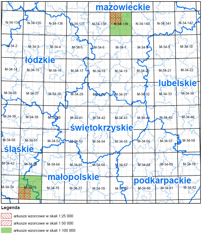 Mapa Polski z zaznaczonymi obszarami, w których odbywały się prace podczas kolejnych etpaów. Kolor czerwony - arkusze wykonywane w I etapie, zielony- arkusze wykonywane w II etapie, żółty- arkusze wykonywane w III etapie