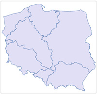Mapa Polski z zaznaczonymi granicami Regionalnych Zarządów Gospodarki Wodnej