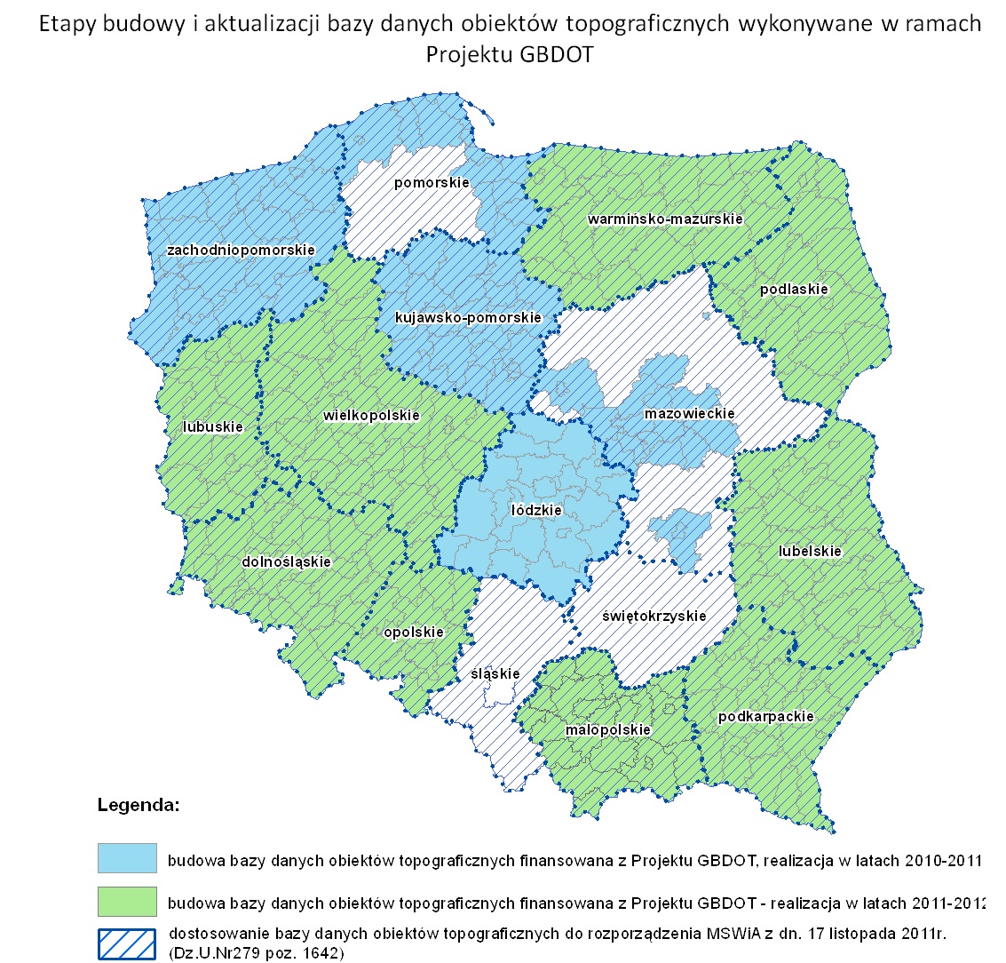 Mapa Polski z zaznaczonymi obszarami województw, w których wykonywane były prace w etapach: 2010-2011 kolor błekitny, 2011 - 2013 kolor zielony oraz biały kreskowany na którym jedynie dostowano istniejące bazy do wymogów aktulanych przepisów